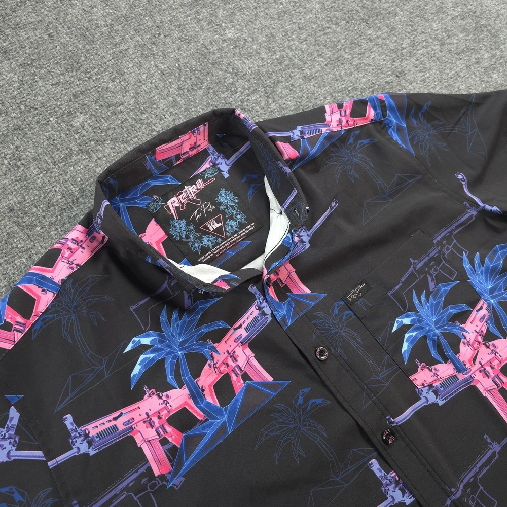 Retro Rifle Shirt Mens XL Black The Palm Neon Rifle Palm Tree Stretch Casual